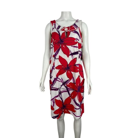 NEW Signature by Sangria Sheath Dress 12 Sleeveless Red White Floral Tropical - Picture 1 of 7